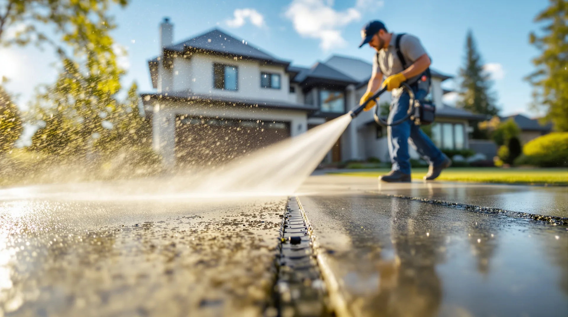 Ogopogo Pressure Washing technician cleaning a driveway in the Okanagan